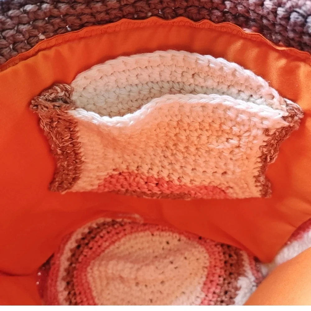 Hippie Boho Hand Crocheted Earthy Striped Bucket Purse W/ Coin Purse Homemade